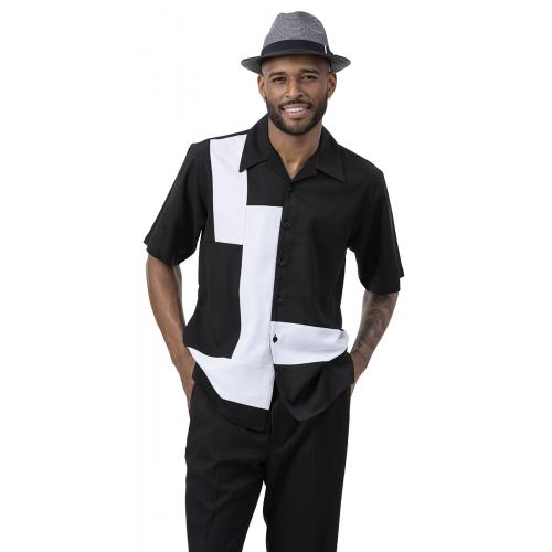 Montique Black/White Horizontal Lined Short Sleeve Two Piece Walking Suit 2077